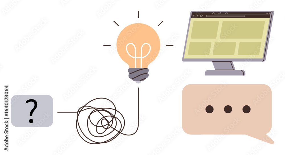 Poster lightbulb connected to question mark and interface via tangled line symbolizing ideas, innovation, b