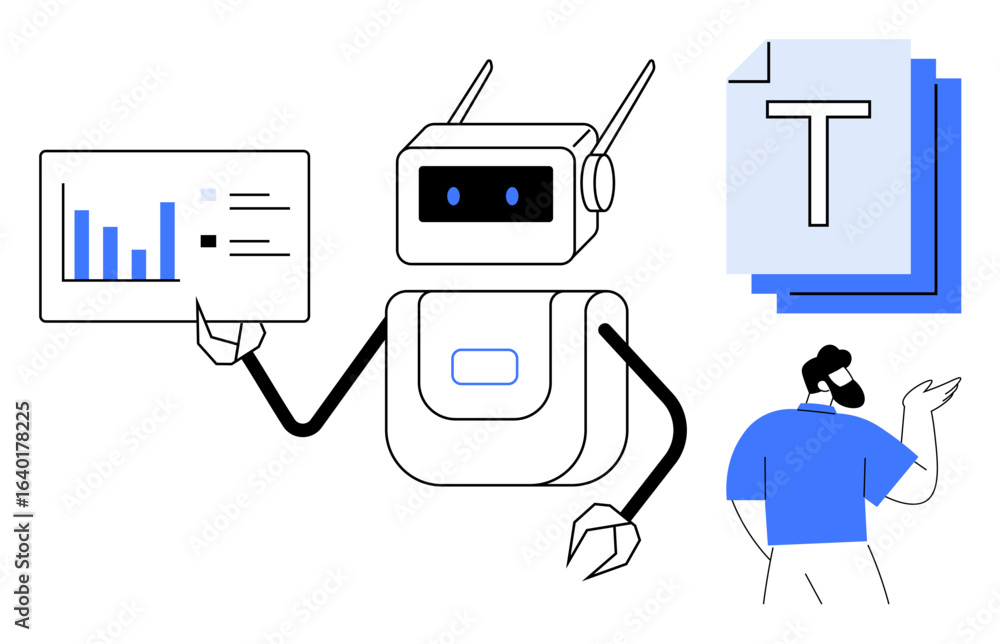 Poster robot holding chart with data, stack of documents, man listening attentively. ideal for artificial i