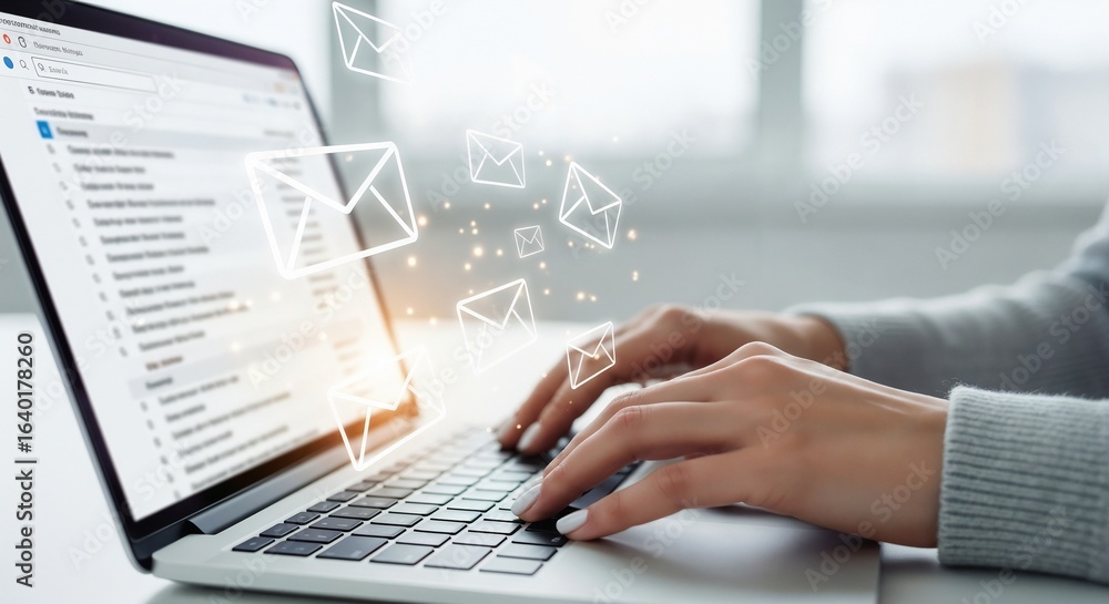 Poster a person typing on a laptop with email icons graphically flowing out of the screen.