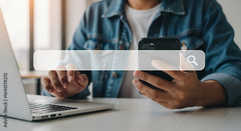 Poster a person using a laptop and smartphone with a graphical search bar in the foreground.
