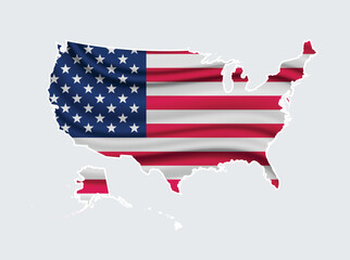 National USA flag in geographical map shape. United States of America flag and map. Digital Stars and Stripes USA Flag.