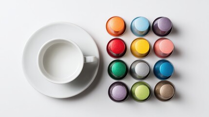 A white cup filled with milk sits next to a neatly organized array of colorful coffee capsules. This vibrant display highlights a morning setting with a cozy vibe.