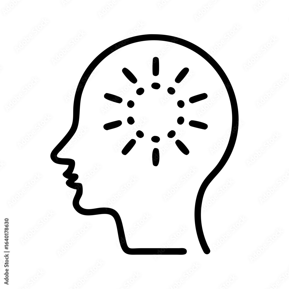 Poster outline of a head in profile with radiating lines and dots emanating from the brain area idea concep