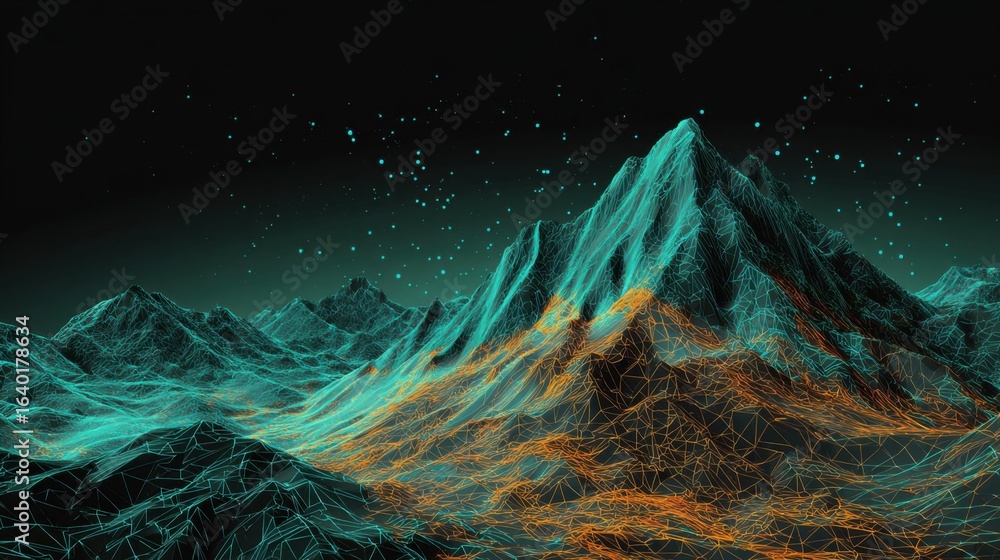 Poster a vibrant digital landscape features a mountain range illuminated by glowing lines, with a starry sk