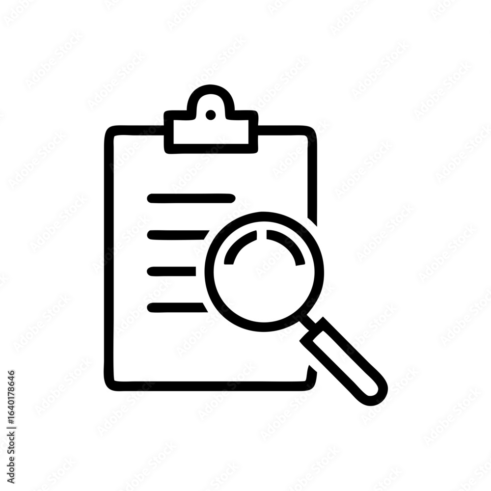 Aufkleber clipboard with lines and a magnifying glass for review and analysis of data in a document shown here