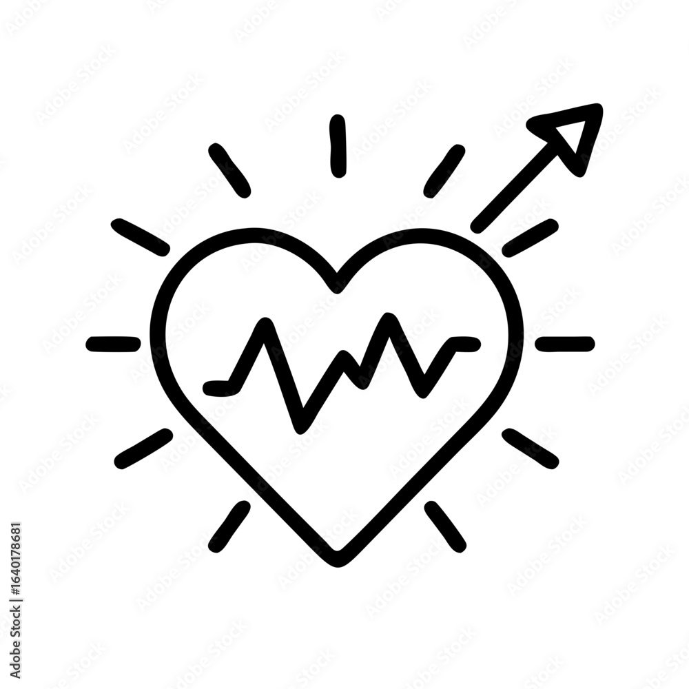 Poster heart with heartbeat line inside surrounded by radiating lines and an arrow pointing upwards graphic
