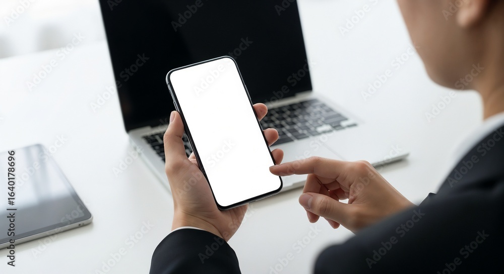 Poster over-the-shoulder view of a person using their finger to operate a smartphone with a blank screen (m
