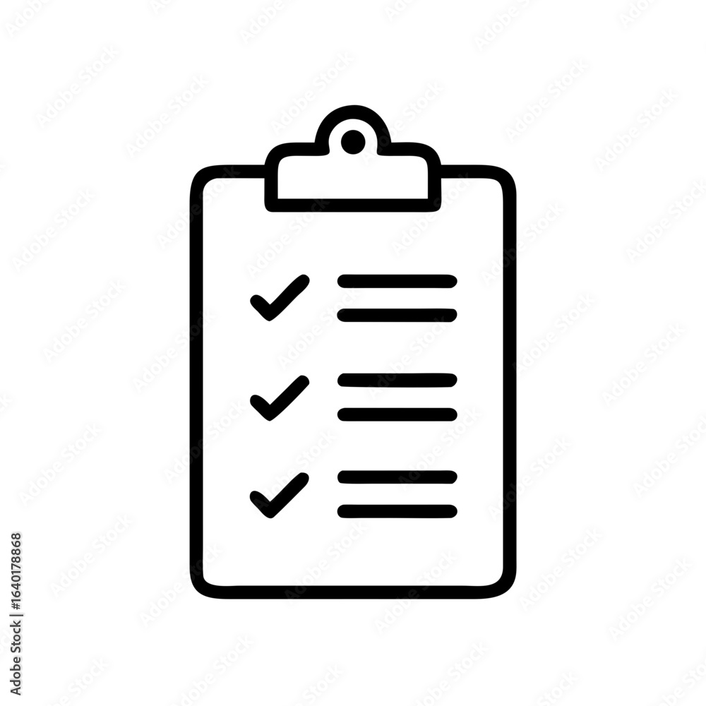Aufkleber black outline of clipboard with three check marks and three lines indicating list items present on p