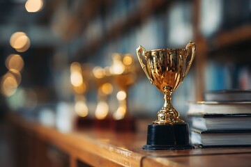 Education achievement concept with trophy winner on blurred background
