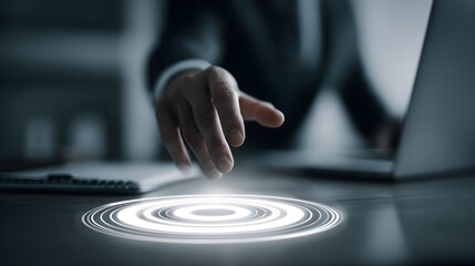 A hand hovers over a glowing circular interface, suggesting futuristic technology, connection, and access in a sleek, modern workspace.