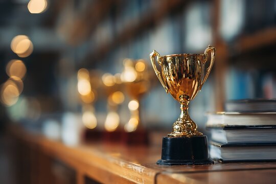 Education achievement concept with trophy winner on blurred background
