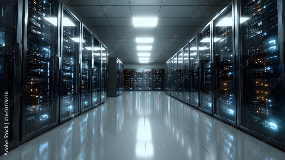 Poster a cool and futuristic data center hallway with servers and computers. the floor tiles are shiny whit