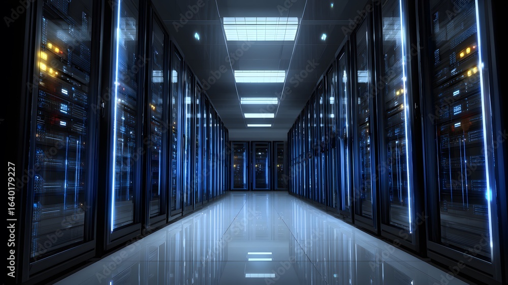Poster data center corridor with rows of server racks, glowing lights, and reflective floor. high-tech infr