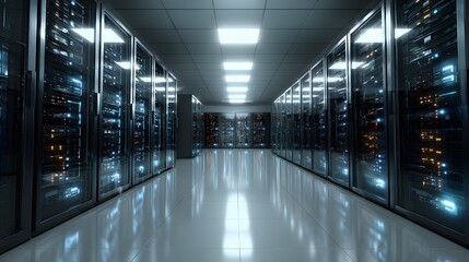 A cool and futuristic data center hallway with servers and computers. The floor tiles are shiny white and the ceiling lights are bright.