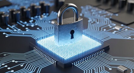 Secure data protection concept with padlock on glowing circuit board representing cybersecurity