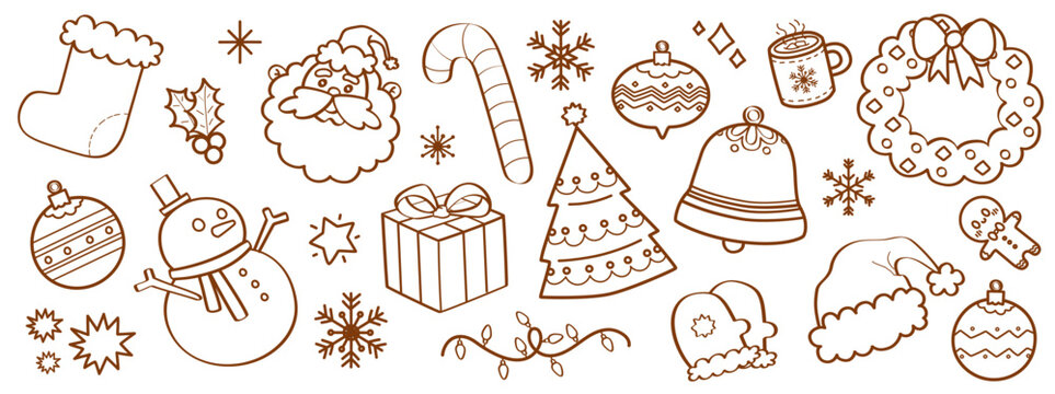 Set de ilustraciones decorativas dibujadas a mano de elementos navideños. Vector