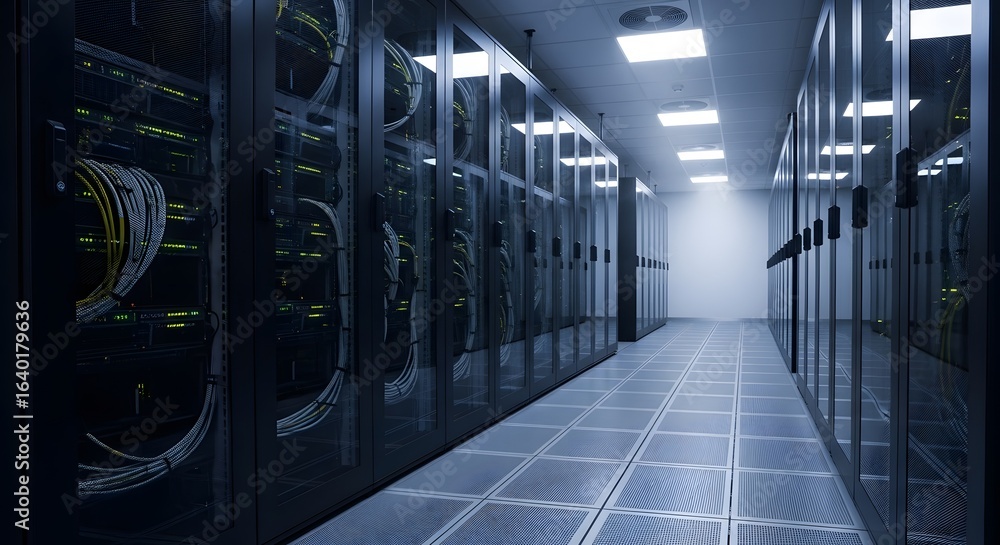 Aufkleber a long, brightly lit server room featuring rows of server racks. cables hang from the backs of the c