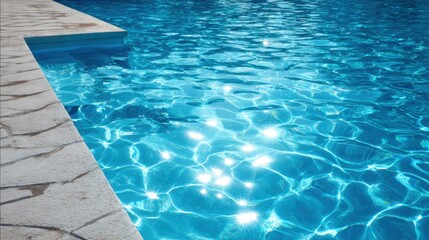 Shimmering blue pool water glistens under the sunlight, creating a dazzling effect. The serene atmosphere invites relaxation and enjoyment on a warm day.