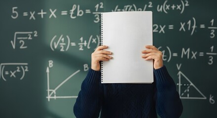 Person holding a notebook in front of their face against a blackboard covered in mathematical equations and diagrams. Concept of hiding knowledge.