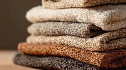 Folded organic cotton towel close-up. Earth tone colors. Sustainable living aesthetic