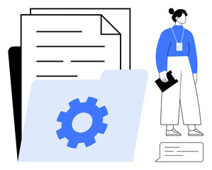 Folder with gear icon, stacked documents, businesswoman holding clipboard, and speech bubble. Ideal for project management, workflow, business solutions, teamwork, data organization productivity