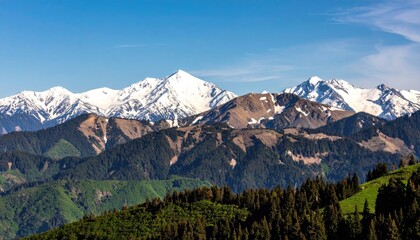 Snow-capped mountains rise above forested foothills under a clear blue sky.