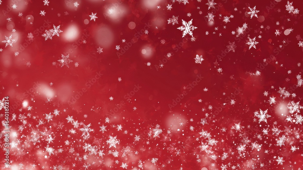 Poster red backdrop adorned with various snowflakes gently falling, creating a magical winter environment p