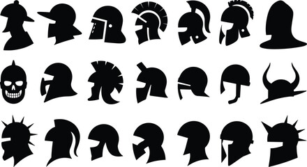 Silhouettes of ancient and medieval helmets including Roman, Spartan, Viking, and fantasy warrior styles for historical or graphic design
