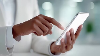 Professional hands using white smartphone with finger touching screen. Mobile technology, digital communication device, modern touchscreen interface, wireless connectivity, business lifestyle. - Powered by Adobe