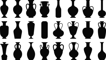 Silhouettes of vintage vases and ancient amphorae in various shapes, ideal for pottery, ceramics, and classical art design