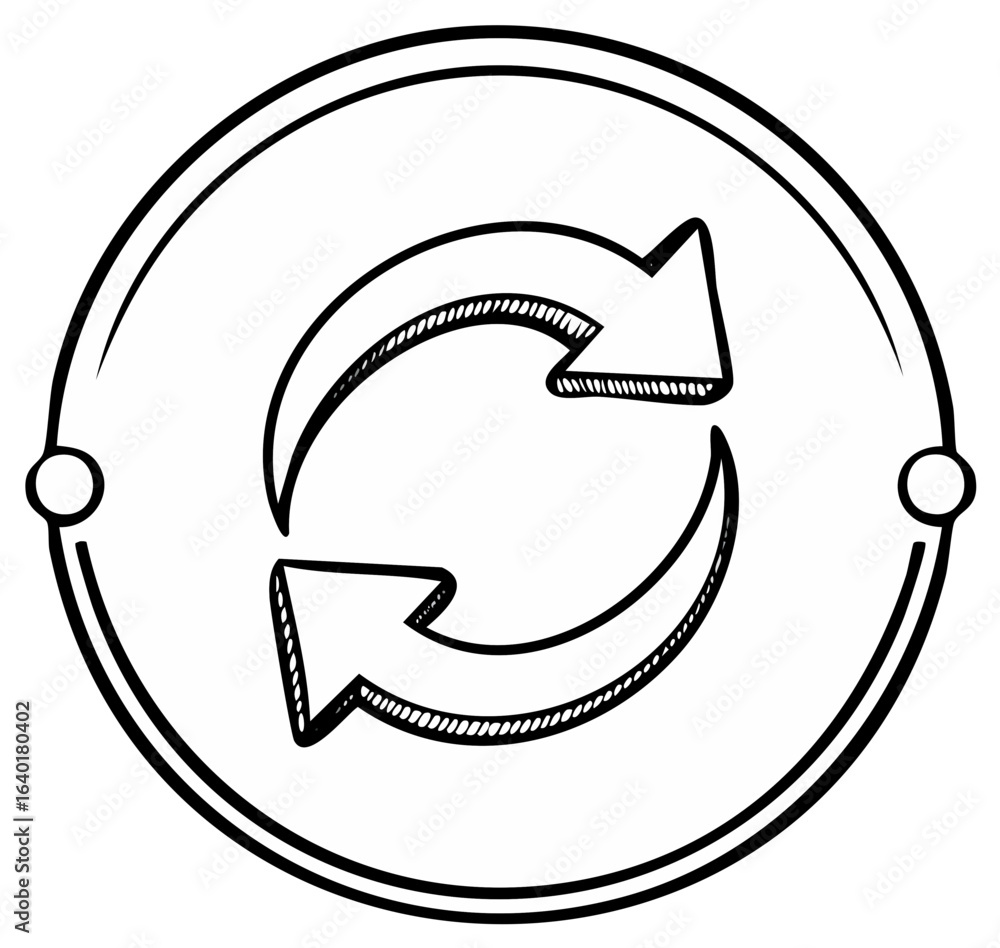 Poster hand drawn refresh symbol with two circling arrows inside a round frame