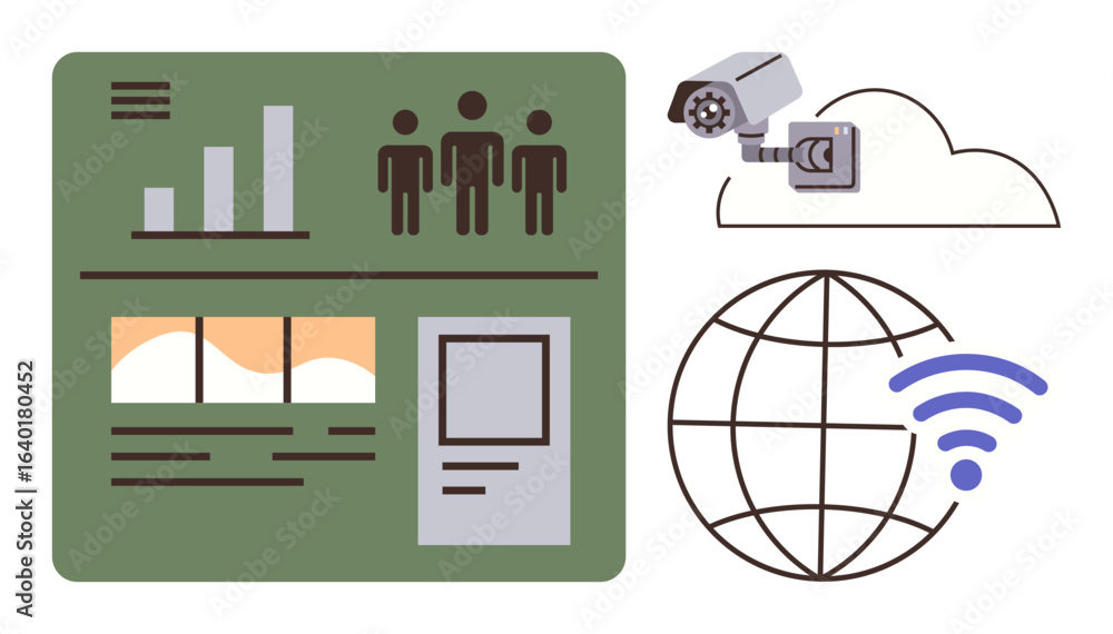 Poster dashboard with graphs and user statistics, security camera, cloud, global internet icon with wireles