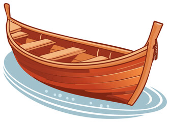 Artistic Cartoon Wood Rowboat on Light Blue Water with Oars Illustration