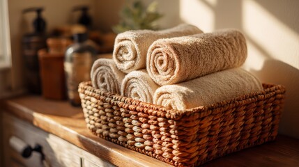 Obraz premium Rolled hand towels in wicker basket. Rustic bathroom decor style