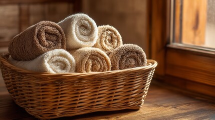 Obraz premium Rolled hand towels in wicker basket. Rustic bathroom decor style
