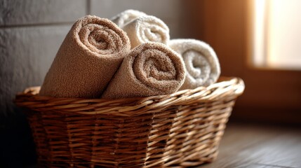 Obraz premium Rolled hand towels in wicker basket. Rustic bathroom decor style