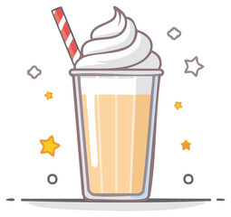 Sweet vanilla cream milkshake or smoothie with whipped topping and striped straw graphic