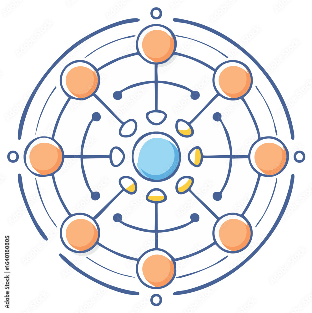 Aufkleber abstract circular network diagram with interconnected nodes and radiating lines