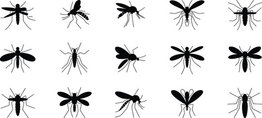 Mosquito silhouettes set, black insect icons, mosquito vector collection, biting insects, disease carrier insects, mosquito profile, flying insect illustration © Hasem Creative
