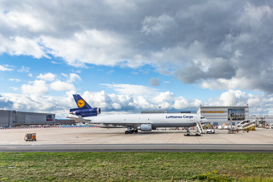 lufthansa cargo aircraft DC-10 ready for loading at the apron of Lufthansa cargo center at Rhein-Main Frankfurt airport