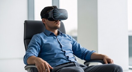 Professional man experiencing virtual reality in modern office setting, VR technology concept