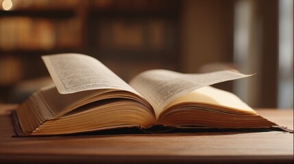 An open book lies on a wooden table, its pages gently turned. The warm sunlight filters through the library, casting a peaceful ambiance perfect for reading.