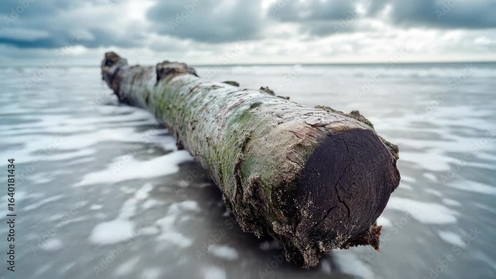 Poster log lying on a beach next to the ocean with waves in the background