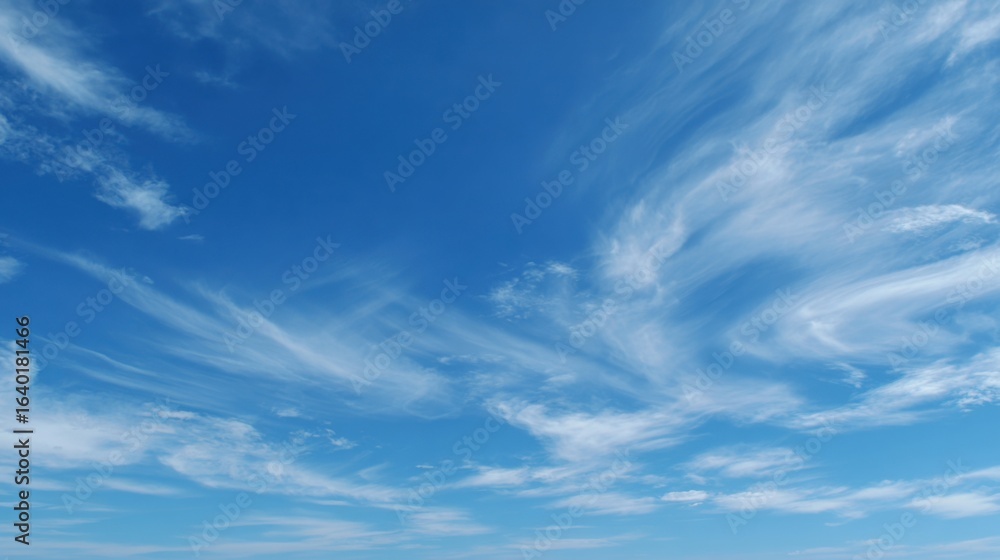Poster bright blue sky filled with soft, wispy clouds creating beautiful patterns. the scene captures the t