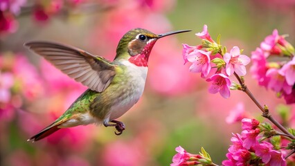Fototapeta premium Hummingbird feeding on pink cherry blossoms in flight