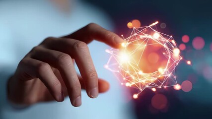 Hand interacts with futuristic holographic network interface with glowing connections and data points. Advanced technology concept represents digital transformation, artificial intelligence - Powered by Adobe