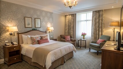 Fototapeta premium Elegant hotel room with plush bed and classic decor