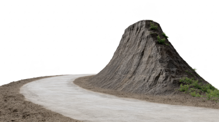 Winding road leads towards rocky hill, showcasing natural landscape with earthy tones and sparse vegetation. scene evokes sense of adventure and exploration