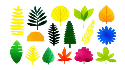 Colorful leaves in various shapes and sizes, showcasing vibrant palette of greens, yellows, and reds. Perfect for nature themed designs or seasonal decorations