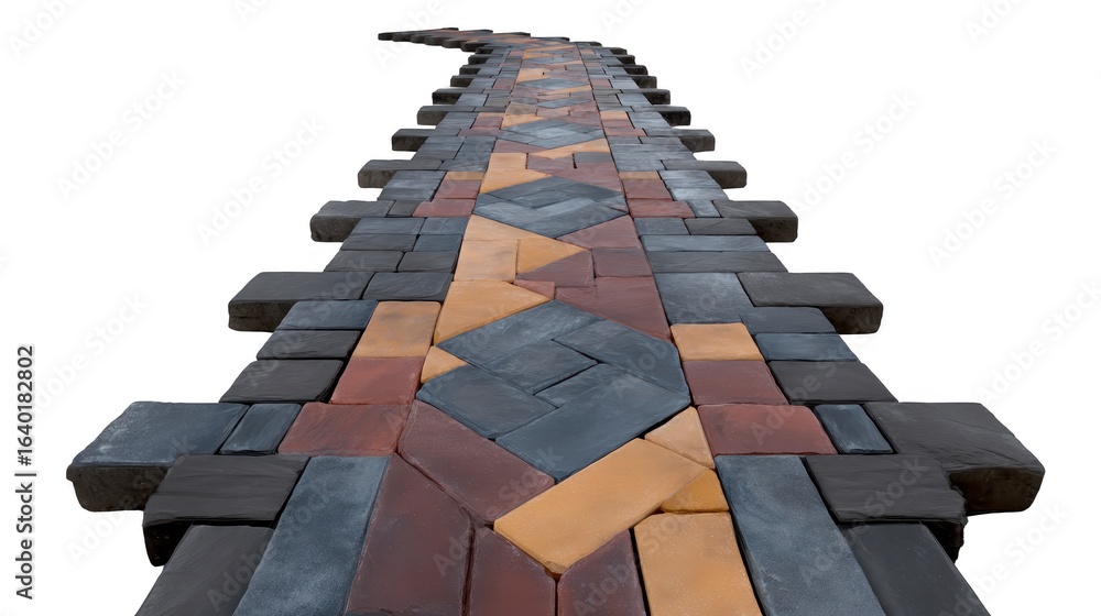 Poster beautifully designed stone pathway features mix of colors and patterns, creating inviting and artist